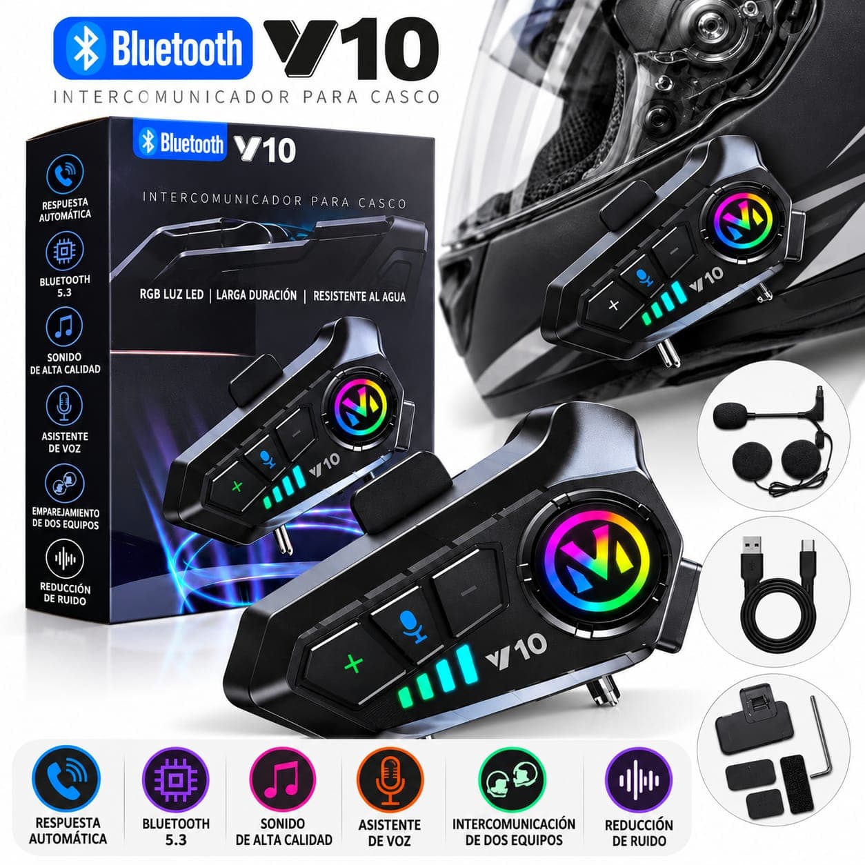 2 Intercomunicadores V10 Bluetooth 5.3 para Casco de Moto