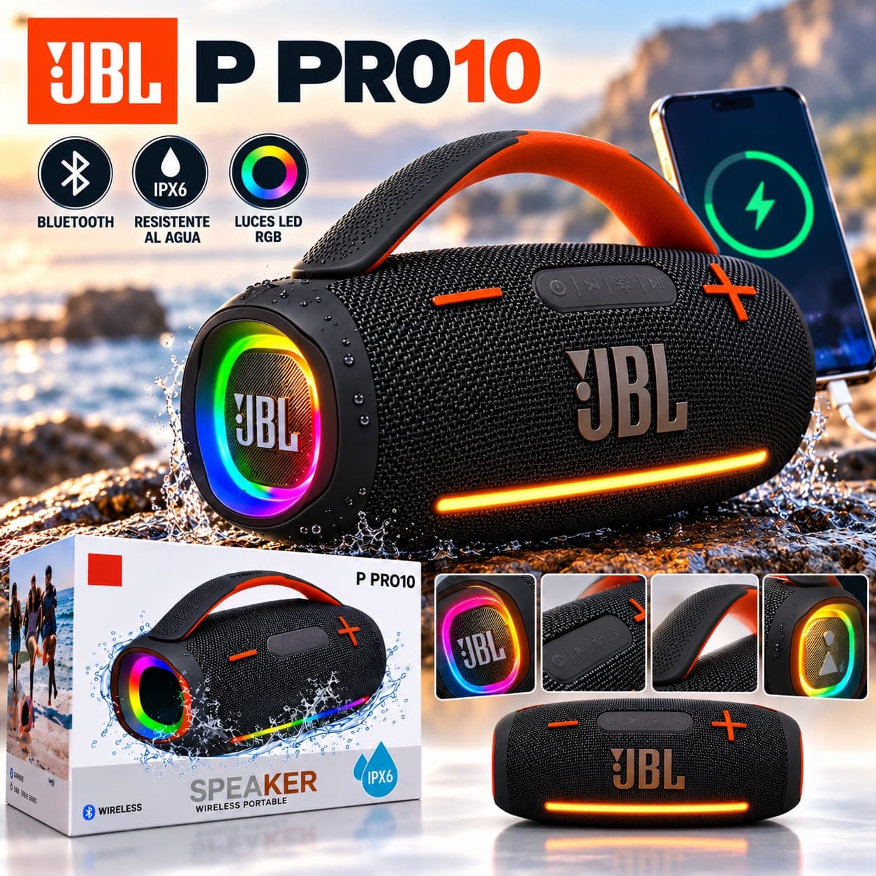 Parlante Portátil Bluetooth JBL P PRO10 con Luces RGB y Resistencia al Agua — imagen 1 de 2