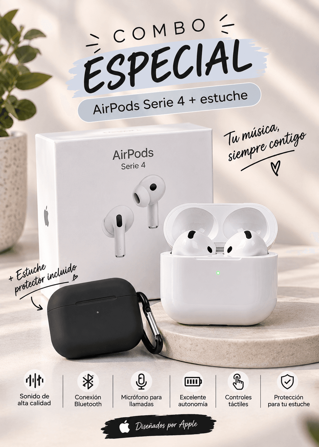 Audífonos Inalámbricos Apple AirPods 4 con Estuche Protector