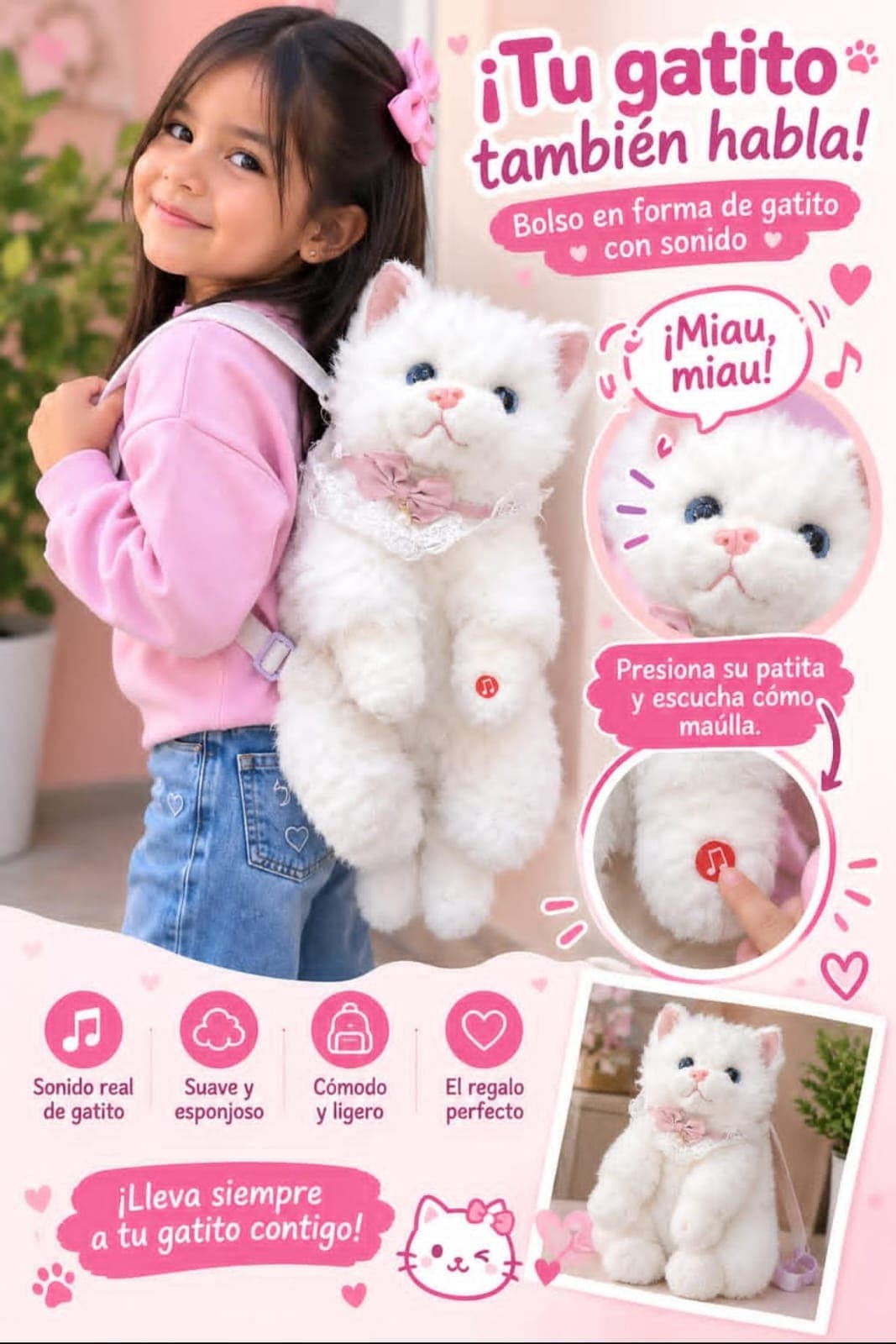 Morral Peluche Gatito con Sonido Miau — imagen 1 de 2